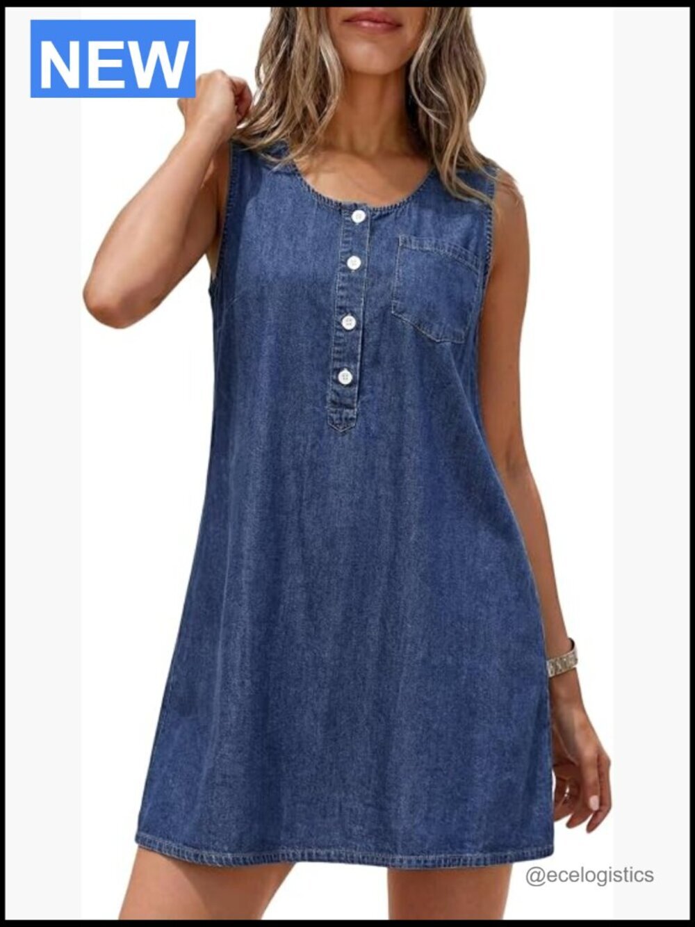 Sleeveless Denim Dress Crewneck Button Front Loose Fit Vintage Summer Casual